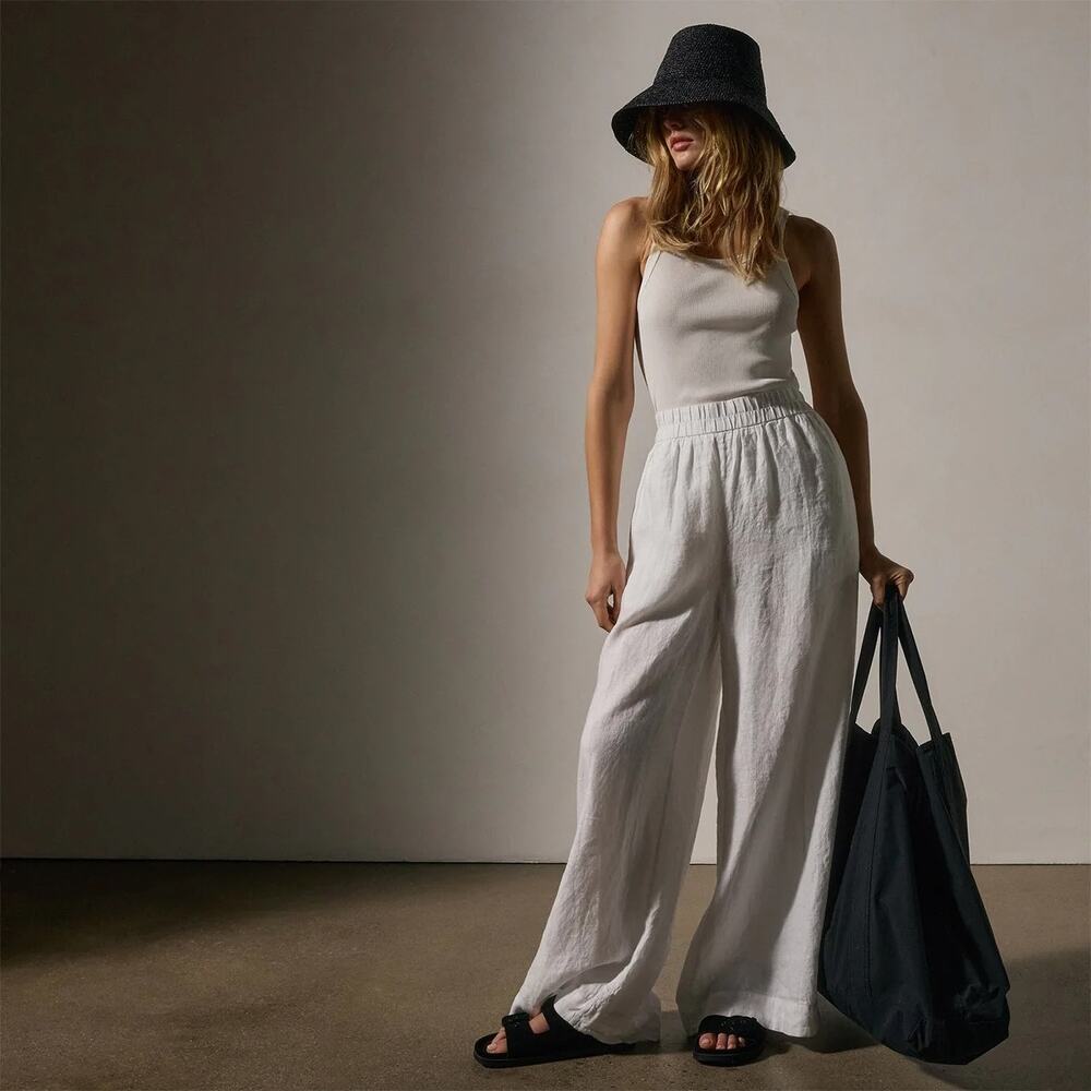 James Perse White Lightweight Linen Wide Leg Pants Pull On Size XS High Rise